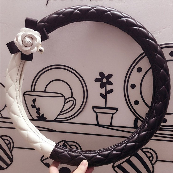 inew 꽃장식 여성용 핸들커버 자동차 차량용품 가죽 여자, 블랙+화이트