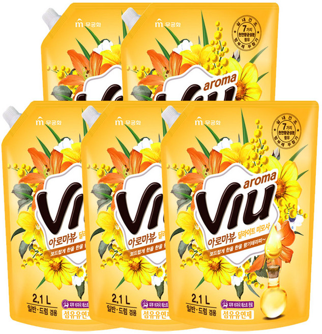 아로마뷰 딜라이트 미모사 섬유유연제 리필, 2.1L, 5개