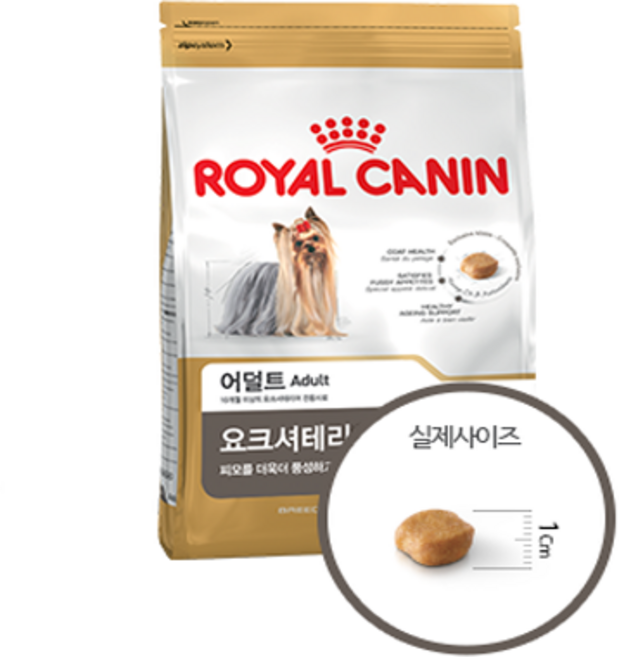 로얄캐닌 독 요크셔 어덜트 1.5kg, 피모 건강에 도움, 까다로운 입맛에 도움, 건강한 활力 유지에 도움, 치석이 많이 생기는 요크셔테리어도 잘 먹는 사료인가요?, 알러지 있는 요크셔테리어에게 금여여해도 괜찮은가요?, 1개