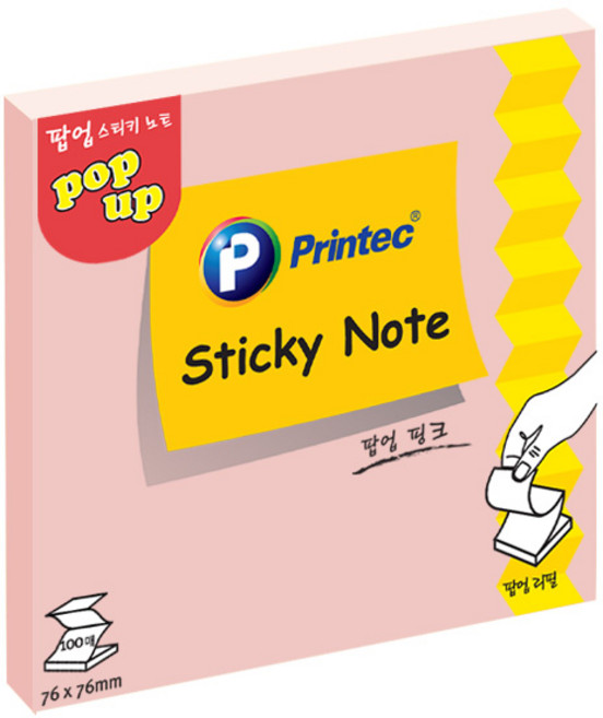 프린텍 팝업 스티키노트 76x76mm 100매 P7676Y 노랑 P7676V 보라 P7676P 핑크 P7676G 그린 P7676K 크라프트, 핑크(P7676P)
