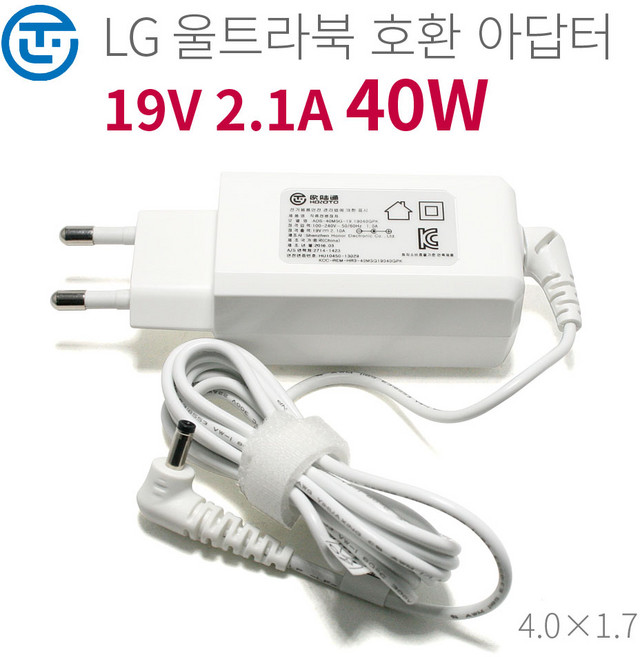 LG전자 LGU56 U560 15U530 15UD530 울트라북 노트북 충전기 어댑터 19V 2.1A 40W, 19V 2.1A 외경 4.0mm 울트라북 호환, 1개