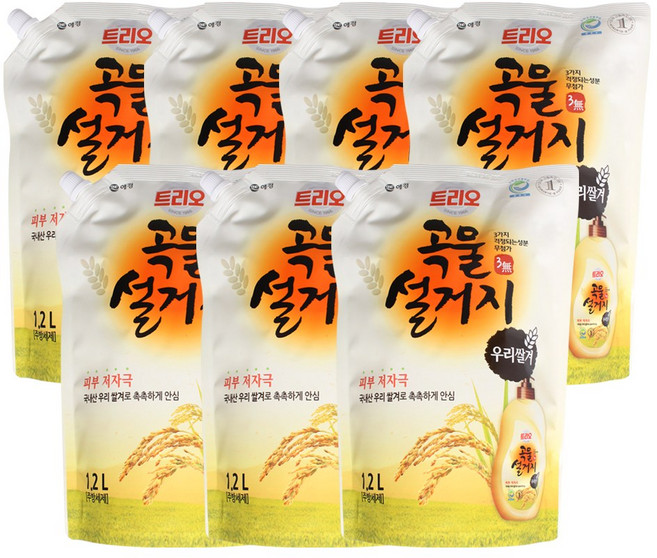 트리오 곡물설거지 우리쌀겨 주방세제, 1.2L, 7개