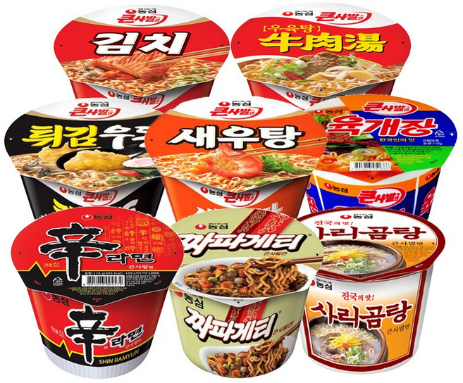 농심 컵라면 8종 큰컵 2개씩 세트 짜파게티 튀김우동 신라면 사리곰탕 김치면 육개장 우육탕 새우탕, 16개