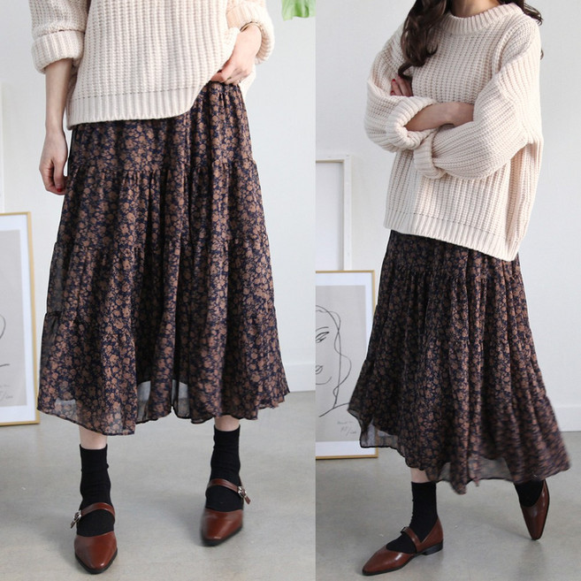 하늘바라기 여성용 디얼 잔꽃 쉬폰 롱 스커트