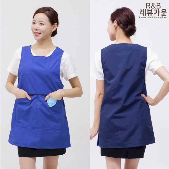 레뷰가운 WLA57 앞치마 방수 원피스형 복지센터 코롱 요양병원 요양원, WLA57_블루*빨강주머니(S), 1개