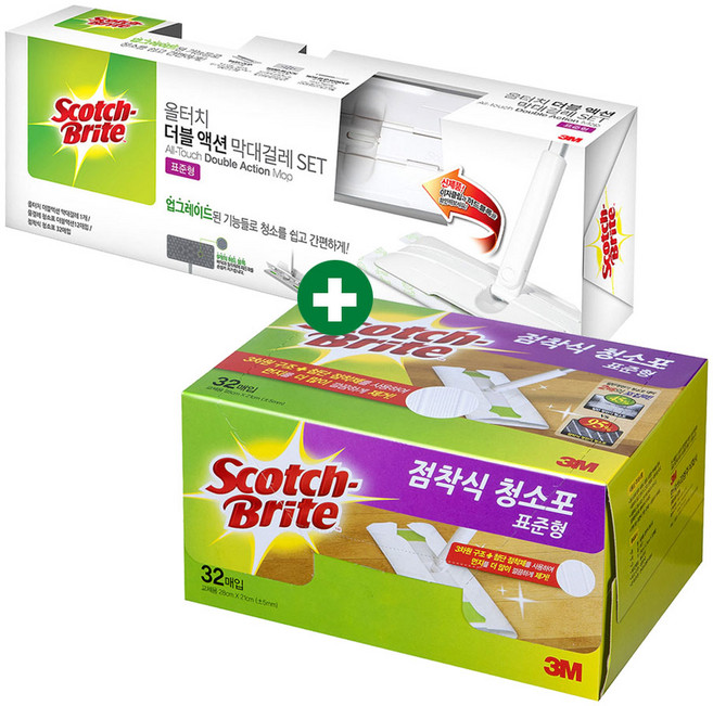 스카치브라이트 더블액션 청소걸레세트 핸들+청소포44매, 1세트