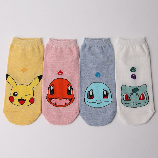 노마코 4켤레 1세트 여성 마크 포켓몬 캐릭터양말 발목양말 패션양말 피카츄 파이리 이상해씨 꼬부기