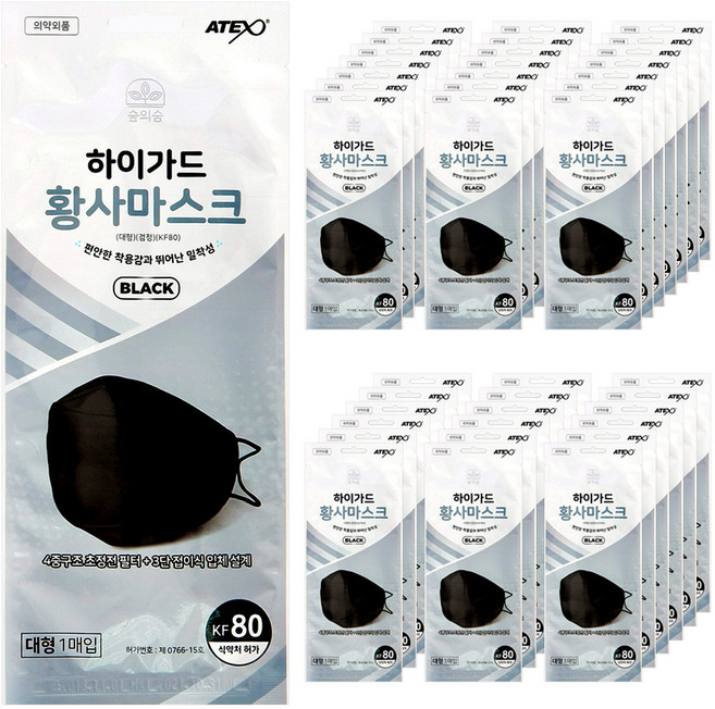닥터투데이 아텍스 개별포장 미세먼지 황사마스크 대형 KF80 블랙, 40개, 1개입