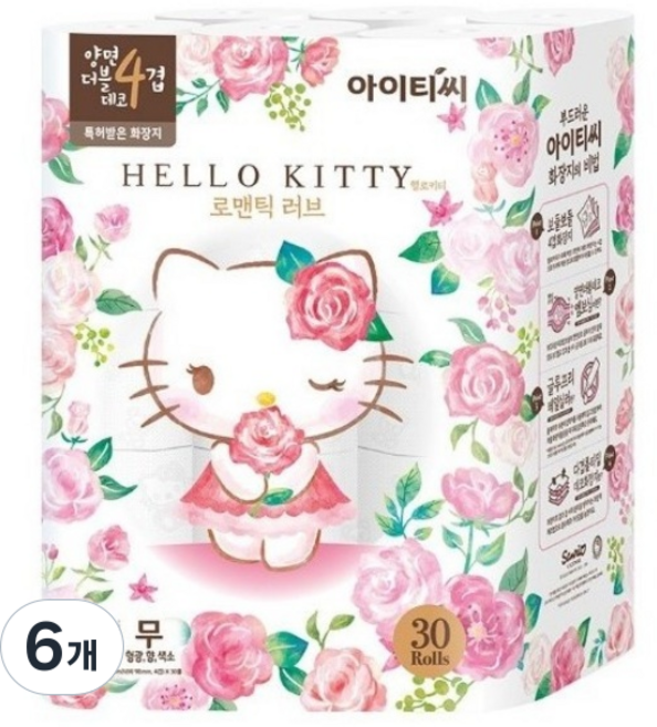ITC 헬로키티 로맨틱 러브 4겹 천연펄프 롤화장지, 25m, 30롤, 6개