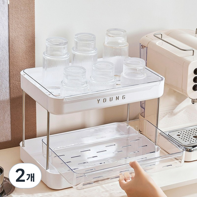 YOUNG 물빠짐 컵 건조대 식기건조대 싱크대 정리선반 물받이 트레이, 2개, 화이트, 2단