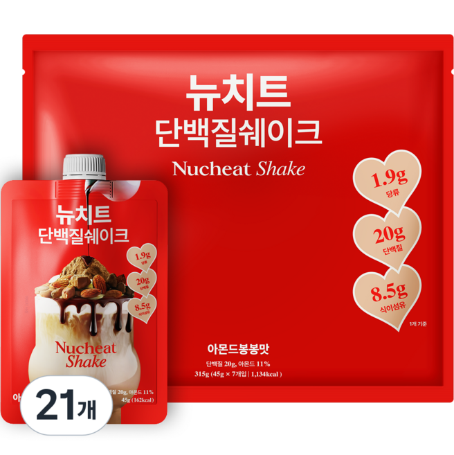 9위 - 뉴치트 단백질 쉐이크 파우치 아몬드봉봉맛, 45g, 21개
