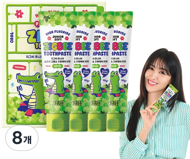 지그비 대용량 주니어 마일드 고불소 구취케어 어린이 치약 엄마배우 Pick 청포도향, 8개, 117g - 쿠팡