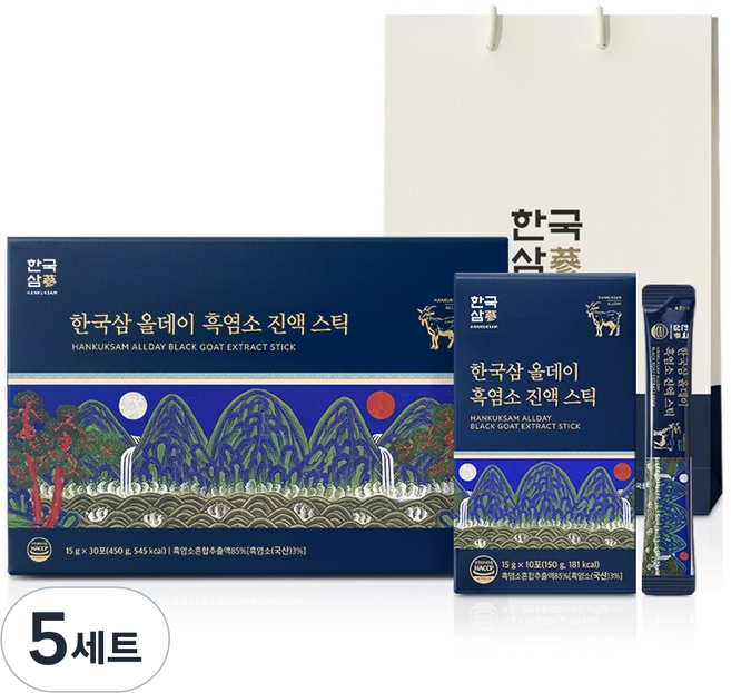 한국삼 6년근 고려홍삼정 올데이 흑염소 진액 스틱 30포 선물세트 + 쇼핑백, 5세트, 450g