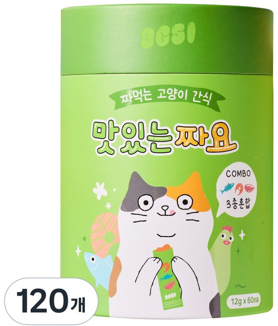 3651 맛있는 짜요 짜먹는 고양이 간식, 혼합맛(닭가슴살/연어/참치), 12g, 120개