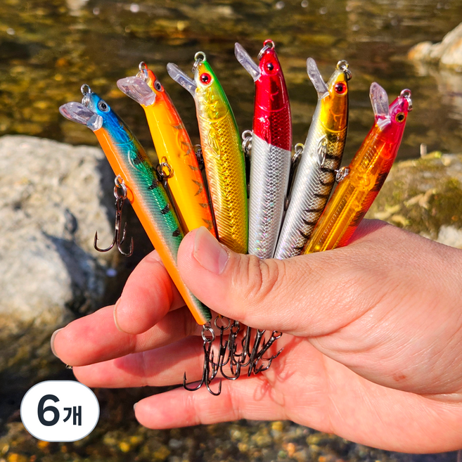미노우 하드베이트 6종 세트 루어 낚시용품 채비 미끼 / 농어 삼치 광어, 6개, 7.5g, 흰빨 투톤