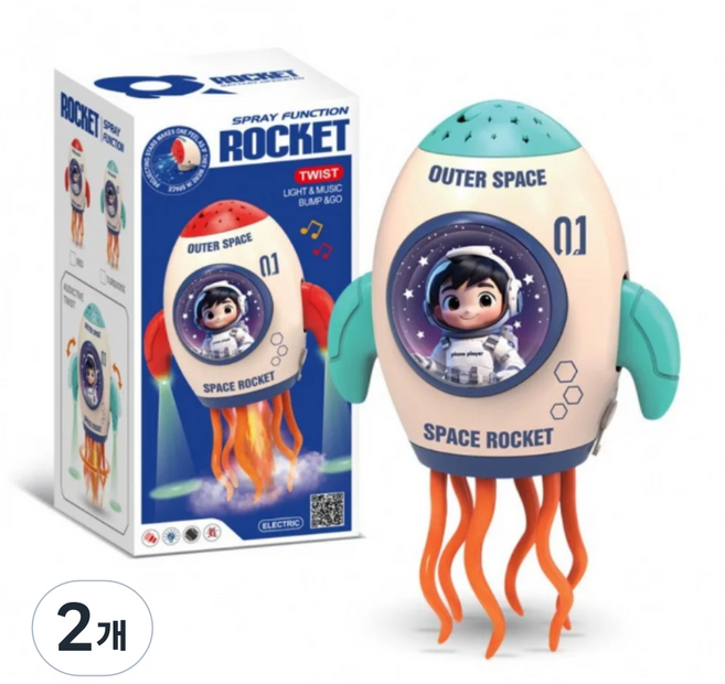 토이즈데이 실제 연기 분사! 춤추는 우주 로켓 별빛 프로젝션 사운드 LED 불빛 댄스 로보트 장난감 단체 선물, 2개, 블루