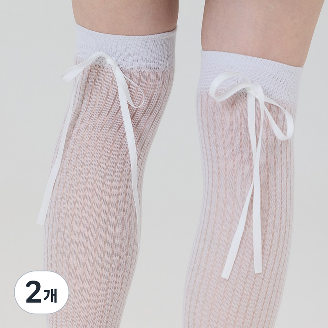 제이투제이 여성골프웨어 시스루 리본 롱니삭스, 화이트, 2개