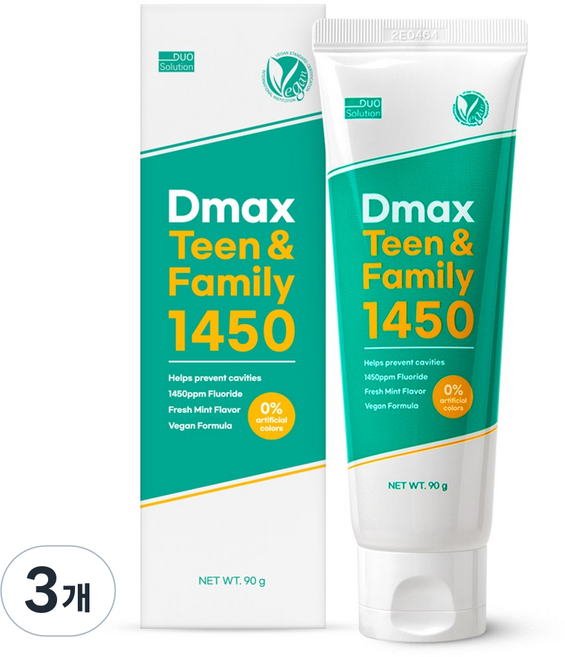 듀오솔루션 디맥스 주니어&청소년 온가족 패밀리치약 1450ppm 고불소 틴앤패밀리 임산부 비건치약 민트향, 3개, 90g