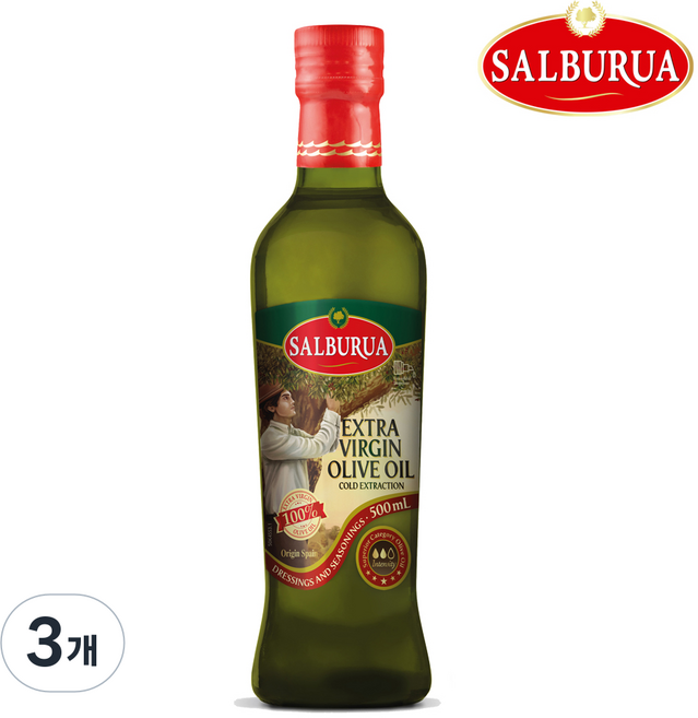 살부루아 엑스트라버진 올리브오일 100% 유리병포장 냉압착방식 스페인산, 3개, 500ml