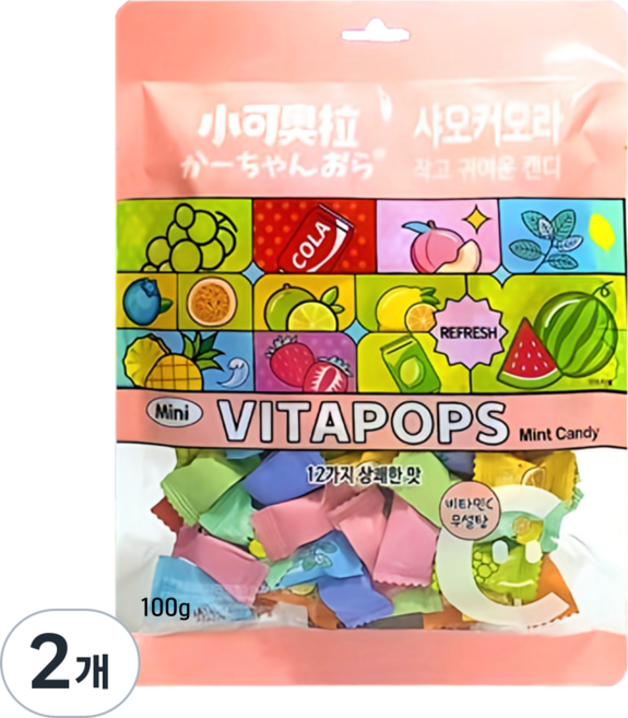 샤오커오라 민트향 비타민C 과일 12종 믹스 베트남 무설탕 사탕 캔디, 2개, 100g