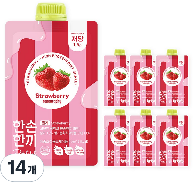 한손한끼 프로틴 단백질 쉐이크 딸기맛, 14개, 40g