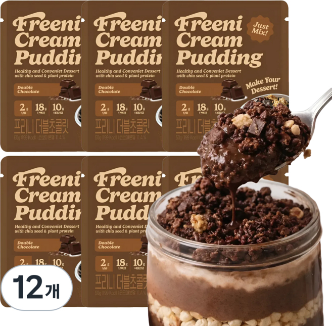 프리니 저당 단백질 리얼초코크림푸딩 치아씨드푸딩 식사대용 다이어트 떠먹는 케이크, 12개, 60g