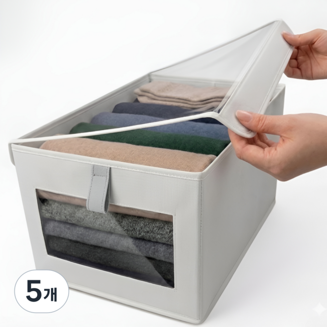 지티오비 의류 정리함 접이식 옷정리 박스 투명창 옷장 수납정리함, 5개, 크림베이지