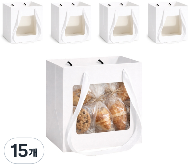 데일리오 바닥넓은 투명창 사각 종이가방 쇼핑백, 15개, 화이트