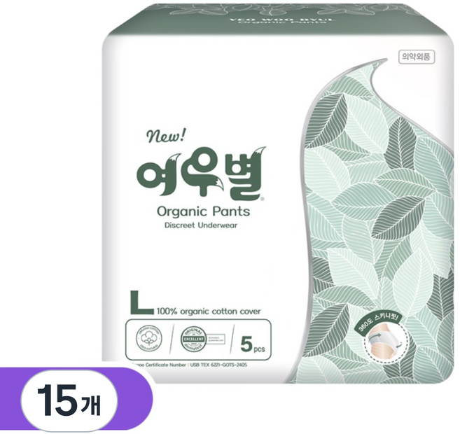 여우별 오가닉 팬티형 생리대, 15개, 5개입, 대형