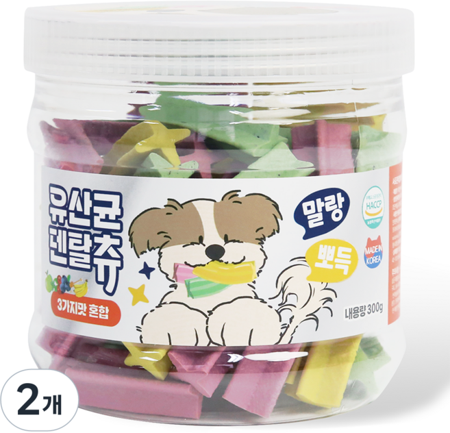 푸디 더특별한식탁 유산균 덴탈츄 강아지 간식 껌, 2개, 300g, 알록달록 맛조합 콤보