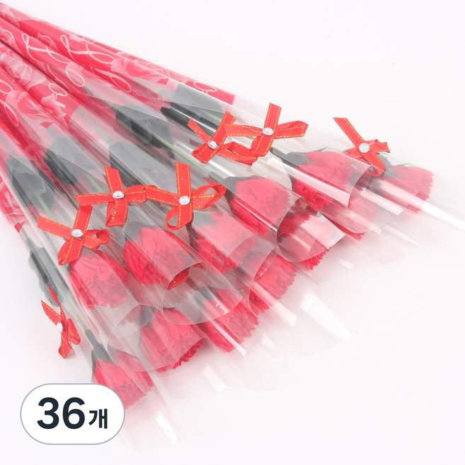 비누꽃 카네이션 한송이 리본장식 조화 선물, 36개, 리본타입 레드