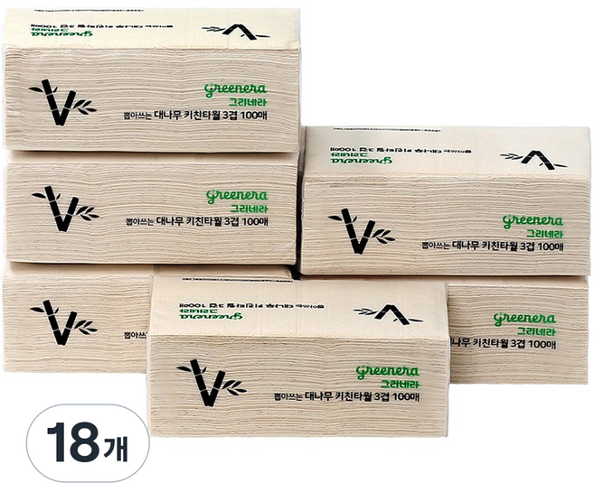 그리네라 먼지없는 무표백 뽑아쓰는 3겹 대나무키친타올, 18개, 100매