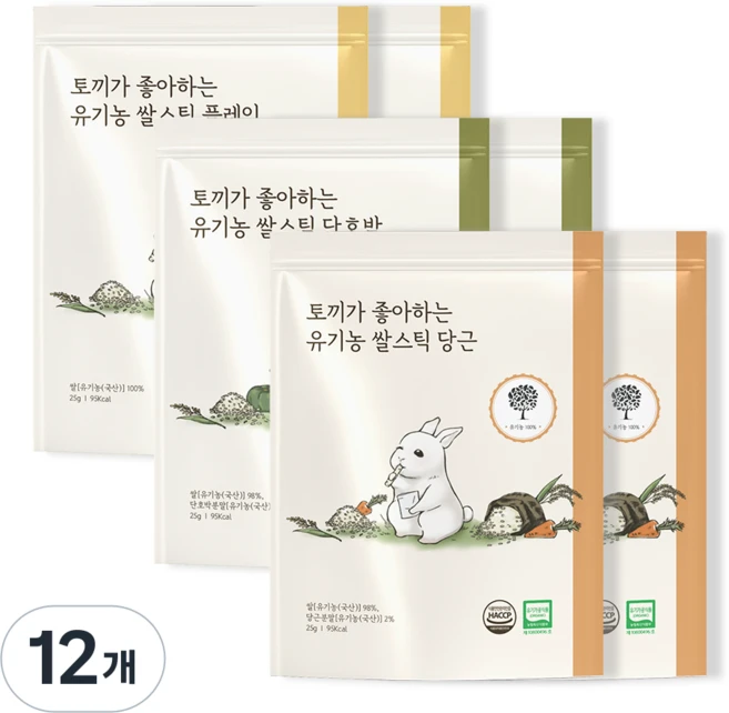 [앨리스] 토끼가 좋아하는 유기농 쌀스틱, 12개, 25g, 당근 2개, 단호박 2개, 플레이 2개 - 쿠팡