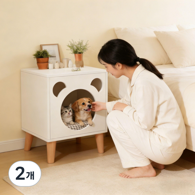 주혜 협탁형 고양이 숨숨집 캣타워, 2개, 화이트