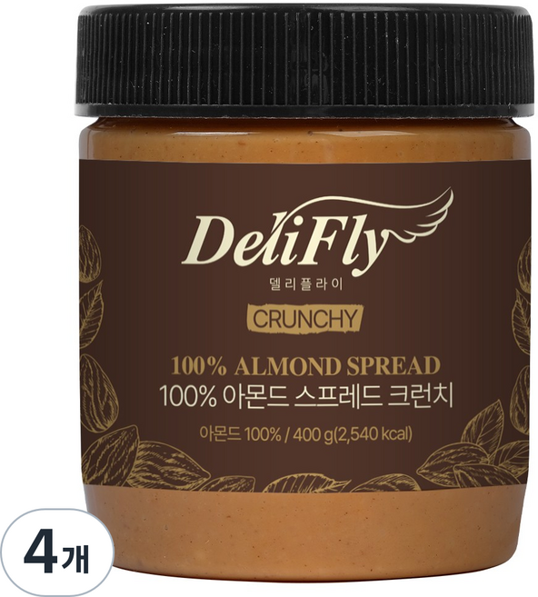 델리플라이 캘리포니아산 순 아몬드 스프레드 100% 크런치 무가당 무첨가, 4개, 400g