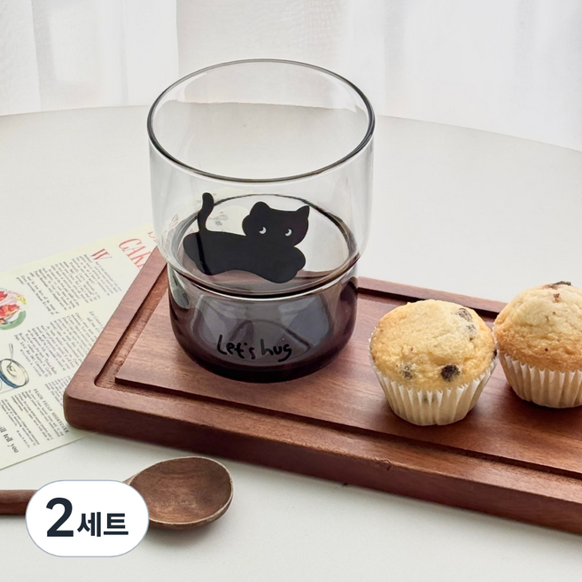 헤이루미 홈카페 귀여운 포인트 깜냥이 유리컵 300ml 2p 선물 세트, 2세트