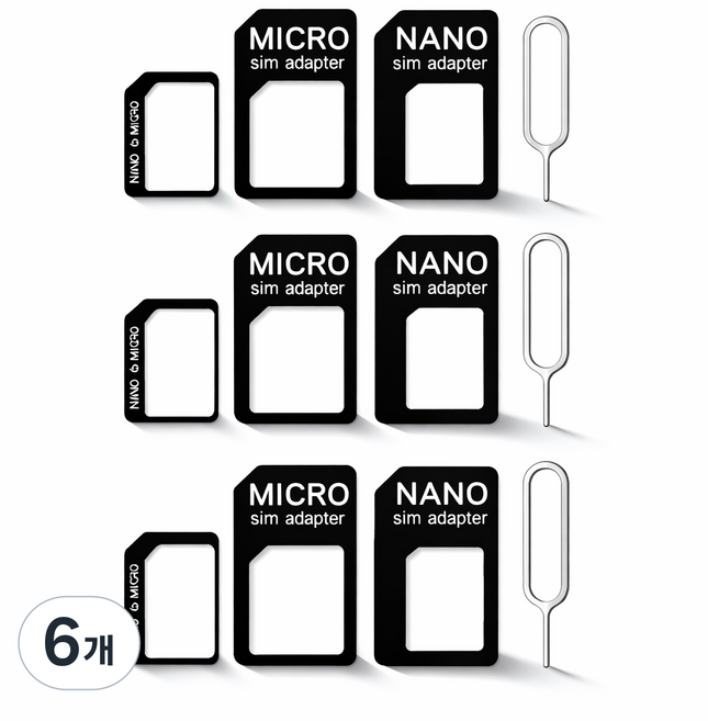 유심 변환 어댑터 세트 나노 마이크로 일반 SIM 카드 변환핀 포함, 6개, 블랙