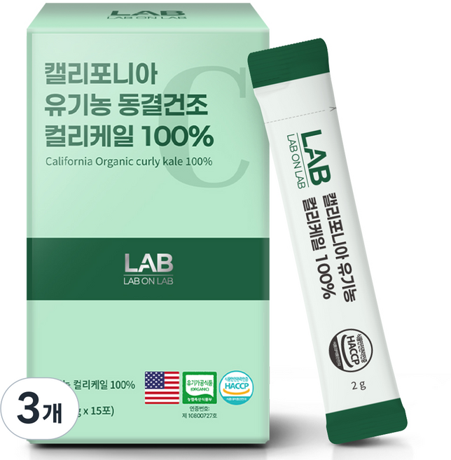랩온랩 캘리포니아 유기농 동결건조 컬리케일 곱슬케일, 3개, 30g