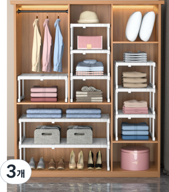 가려거든 공간최대활용 너비조절 옷장선반, 대형 화이트 너비67~88 x 폭42 x 높이 32cm, 3개