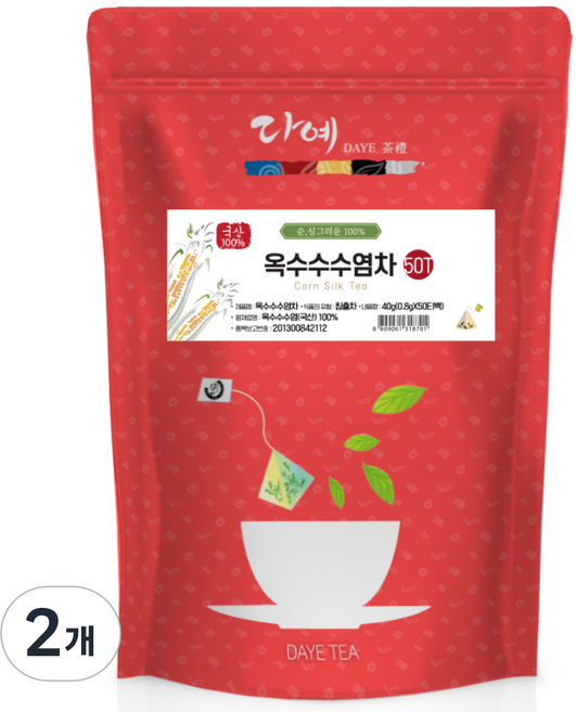 [본사직영] 다예 100% 국산 옥수수수염차 50티백 지퍼백 티백차 생분해 삼각티백, 800mg, 50개입, 2개