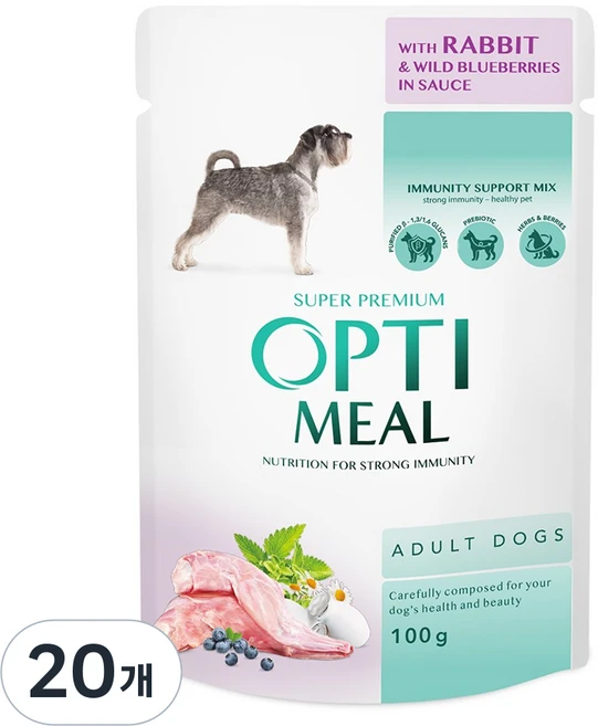 옵티밀 파우치 어덜트독 래빗&야생블루베리 소스, 100g, 20개, 토끼 - 쿠팡