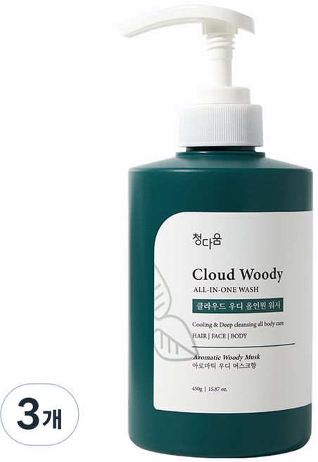 청다움 클라우드 우디 올인원 바디워시 클렌저 샴푸, 3개, 450g