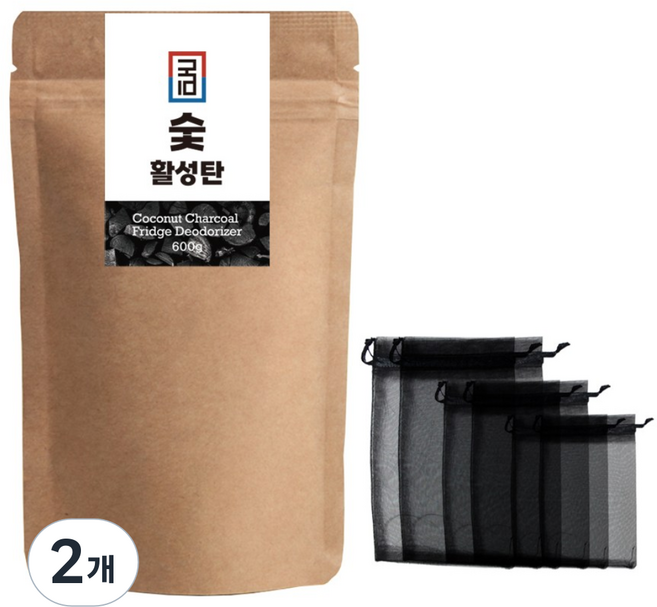 국민 숯탈취제 야자활성탄 100% 숯1개 망주머니 6개 냉장고 주방 신발장 화장실 거실 담배냄새 탈취제, 2개, 600g