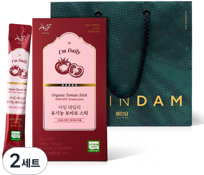 NFC 착즙 100% 유기농 토마토즙 혜인담 아임 데일리 유기농 토마토 스틱 +쇼핑백, 2세트, 308g