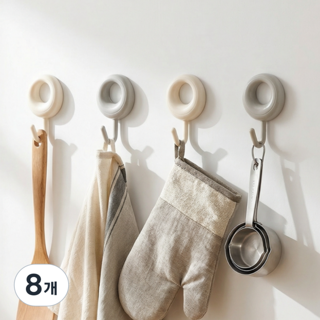 올리올망 접착식 벽걸이 후크 무타공 걸이, 8개, 아이보리+그레이