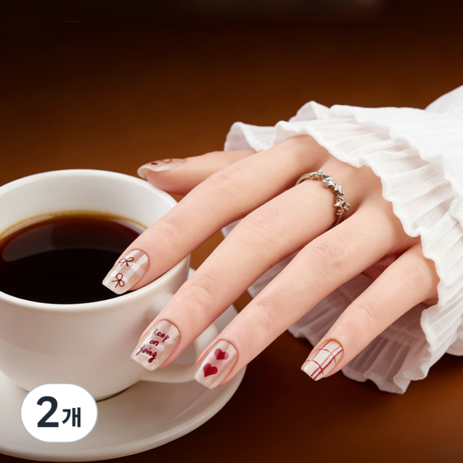 [당일배송] 데일리 리본 감성 네일팁 붙이는 셀프 젤네일 숏 자연스러운 디자인, 2개, 03 - T041 S