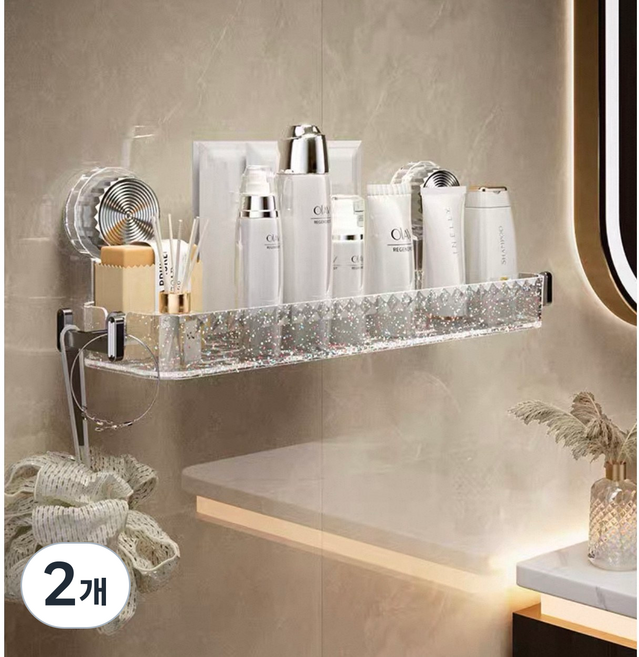[도톤앤보리] 무타공 강력 진공 흡착 욕실 선반 화장대 정리대 투명 글리터, 2개