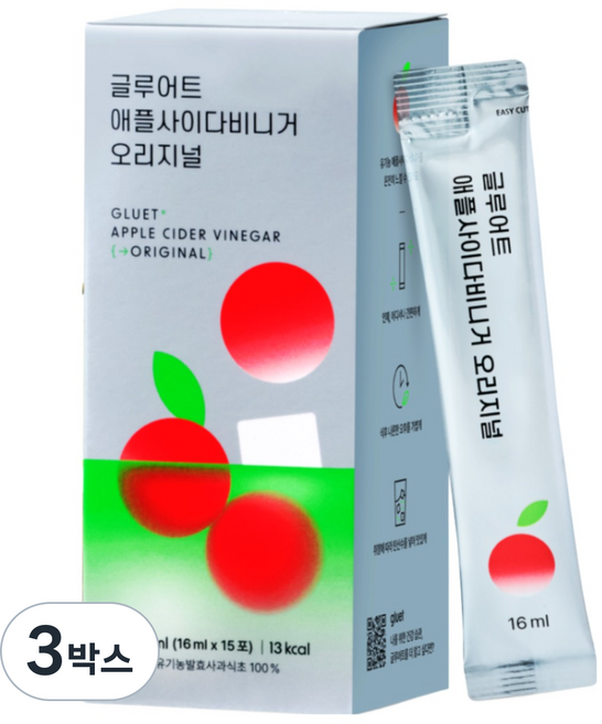 글루어트 애플사이다비니거 유기농 오리지널 사과식초 애사비 스틱, 3박스, 240ml