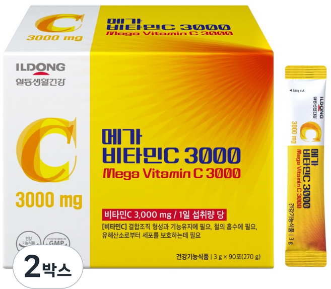 ILDONG 메가 비타민C 3000mg 고함량 순수 비타민C 100% (3개월분), 2박스, 270g
