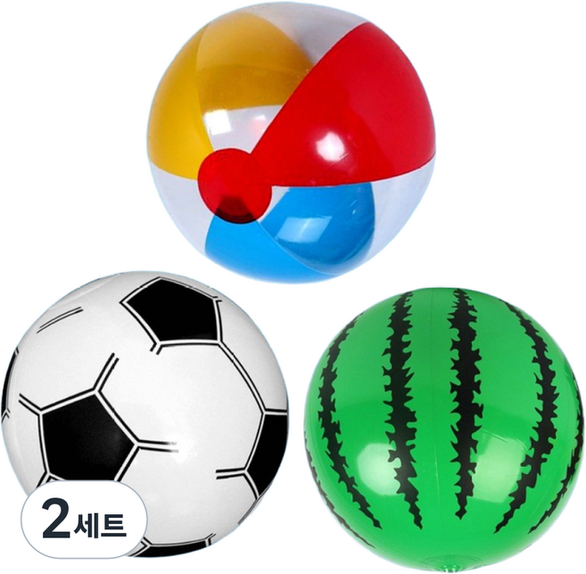 CULT 물놀이공 비치볼 3종세트, 수박볼 삼색볼 축구볼, 2세트, 26cm